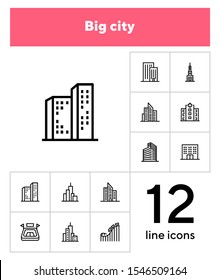 Big city line icon set. Building, skyscraper, stadium, amusement park. Urban life concept. Can be used for topics like downtown, architecture, town