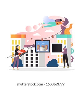 Big city and male characters launching drone, vector illustration. Unmanned aerial vehicle, drone technology concept for web banner, website page etc.