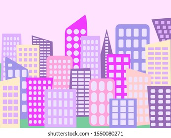 Big city with many skyscrapers and switched lights. Real estate concept. Many pink buildings in cozy city.