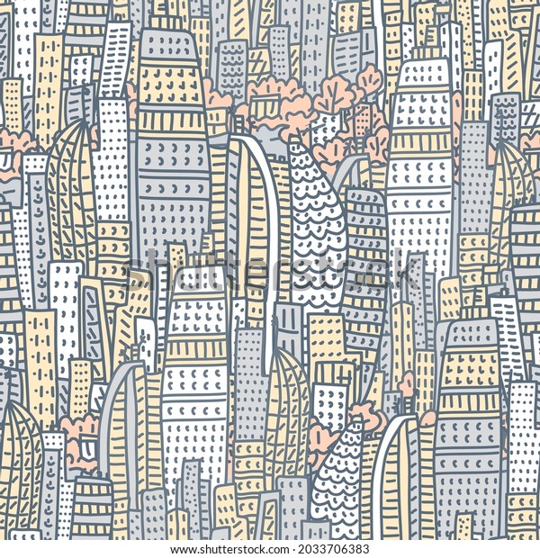 big city metropolis with\
modern buildings and skyscrapers in a doodle style. Seamless vector\
pattern
