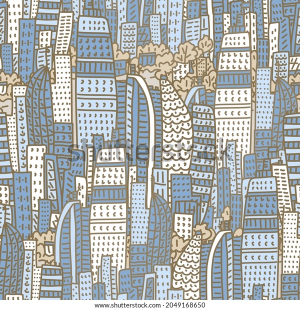 big city metropolis with\
modern buildings and skyscrapers in a doodle style. Seamless vector\
pattern