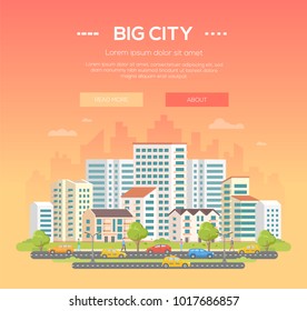 Big city - modern colorful vector illustration with place for text on light orange background. Nice urban landscape with skyscrapers and small low storey buildings, trees, people walking, cars, clouds