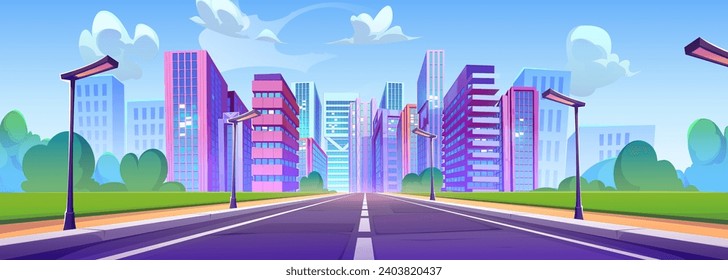 Gran ciudad con rascacielos modernos y perspectiva de autopista. Dibujo vectorial de la ciudad con luces de calle y césped a lo largo de la carretera, edificios de oficinas y viviendas de altura, cielo azul con nubes blancas