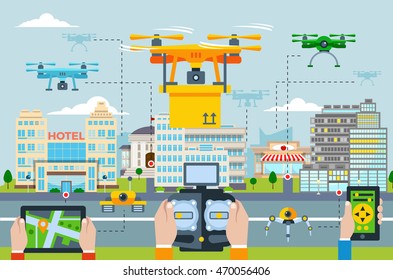 Concepto de tecnologías de gran ciudad moderna con personas lanzando drones por diferentes aplicaciones en una ilustración vectorial de dispositivo