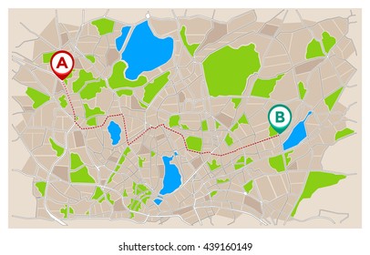 Big city navigation map generic with a tracking path from A to B