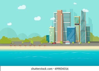 Big City Near Ocean Beach Vector Illustration, Flat Cartoon High City Skyscraper Buildings From Sea View, Modern Town Landscape, Urban Cityscape Or Shore