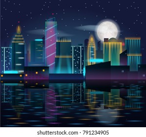 Big city night landscape with skyscrapers in neon lights. Buildings reflection in the water. Vector illustration of metropolis with full moon in dark sky