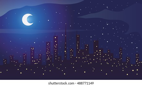 Big city at night with moon and stars. Vector illustration.