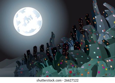 Big city at night. Vector art illustration.