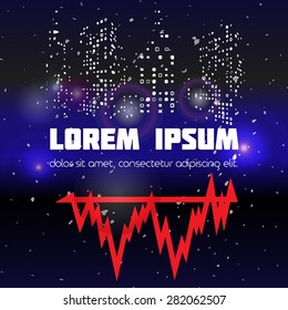 Big city night. Vector illustration with the lights of the city at night and the schedule of activities. For web, banners, brochures.