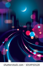 Big city nightlife with street lamps and bokeh blurred lights. Effect vector beautiful background. Blur colorful dark background with cityscape, buildings silhouettes skyline.