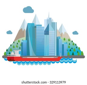 Big city on a ocean shore. Flat vector illustration.