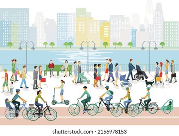 Big city on the river, with groups of people and families, illustration