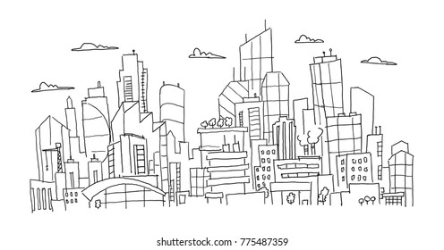 Big City Panorama Future Sketch. Hand Drawn Vector Stock Line Illustration. Building Architecture Landscape.