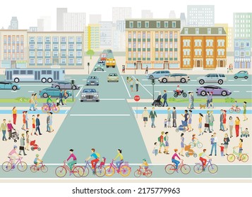 Big City With People And Street Traffic And In Front Of Buildings, Illustration