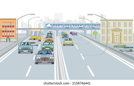 Big city with public transport and train illustration