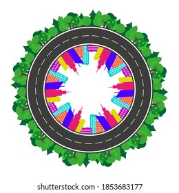 Big city and ring road. Little planet style. Flat vector illustration isolated on white.
