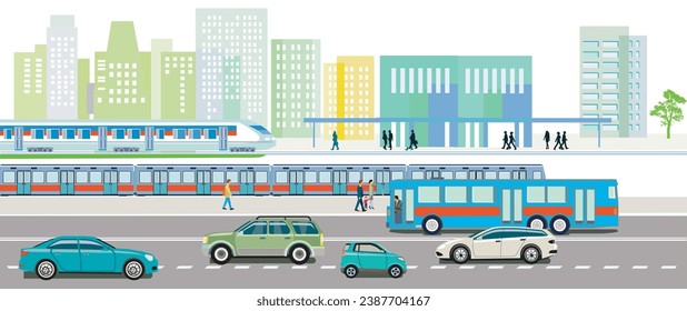 big city with road and rail traffic,