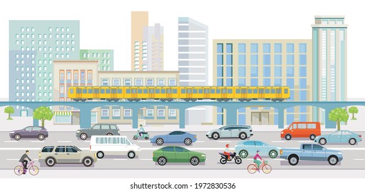 Big city with road transport and metro, in front of buildings, illustration