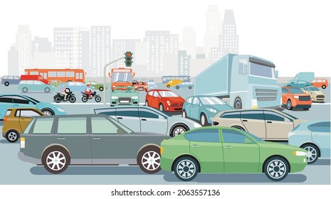 Big city in rush hour with an intersection in traffic jam and public transport illustration