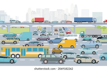 Big city in rush hour with an intersection in traffic jam and public transport illustration