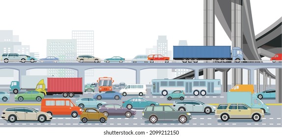 Big city in rush hour with an intersection in traffic jam and public transport illustration