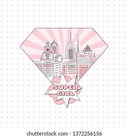 Big City scape in diamond shape with super girl comic lettering on dotty background. Girlish Pink Super Hero themed vector doodle graphics. Perfect for little girl design like t-shirt textile fabric