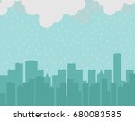 Big city silhouette background under the rain. Monsoon season. Rainy day. Bad moment. Vector illustration.
