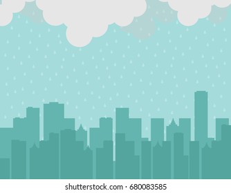 Big city silhouette background under the rain. Monsoon season. Rainy day. Bad moment. Vector illustration.