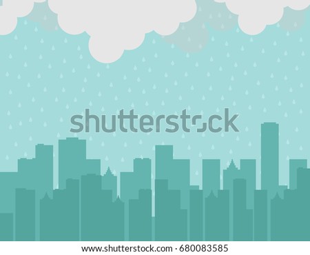 Big city silhouette background under the rain. Monsoon season. Rainy day. Bad moment. Vector illustration.