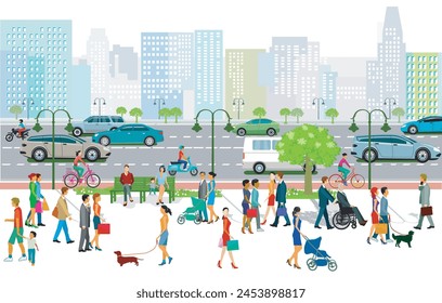 Big city city silhouette with road traffic and pedestrians, illustration