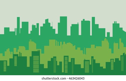 Big city silhouettes vector illustration on green backgrounds