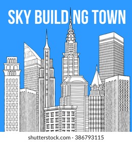 big city, sky building business center, isolated on blue sky background, vector illustration.