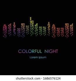 Big city with sky high towers in the colorful night vector graphic design background.