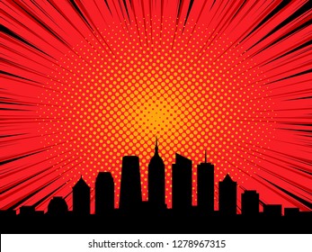 Big city skyline in comic cartoon style, illustration of urban downtown streets and office buildings, vector background