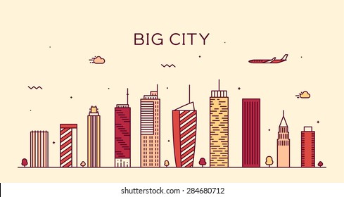 Big city skyline, detailed silhouette. Trendy vector illustration, linear style.