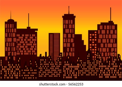 Big city skyline during sunrise or sunset