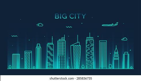 Big City Skyline At Night, Detailed Silhouette. Trendy Vector Illustration, Linear Style.