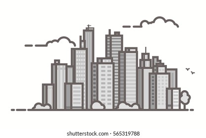 Big city skyline scene. Line outline vector illustration. Skyscrapers and business city center. Clouds and birds. Trendy linear style.