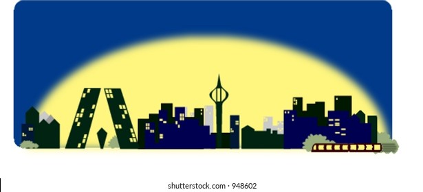 big city skyline vector based in Madrid. Spain. Cartoon style. Include Kyo towers and RTVE tower