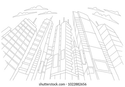 Big city skyscraper sketch buildings. Gray line skeleton strokes Modern architecture landscape. Hand drawn vector stock illustration.