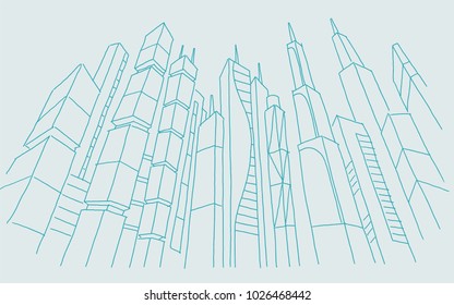 Big city skyscraper sketch buildings. Blue line skeleton strokes Modern architecture landscape. Hand drawn vector stock illustration.