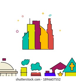 Big city skyscrapers filled line vector icon, simple illustration, building, house related bottom border.