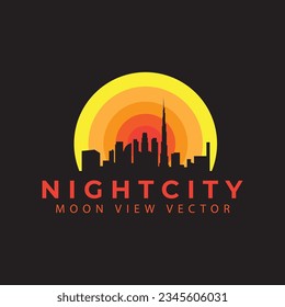 big city and skyscrapers with moon at night silhouette logo vector icon symbol design
