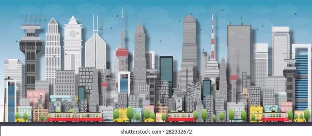 Big city with skyscrapers and small houses. Vector flat illustration. Business and tourism concept with skyscrapers. Image for presentation, banner, placard or web site