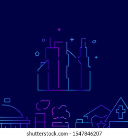 Big city skyscrapers vector gradient line icon, illustration, symbol or pictogram, sign. Dark blue background. Related bottom border.