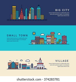 Big City, Small Town And Village. Flat Style Line Art Vector Conceptual Illustration For Web Banners Or Promotional Materials