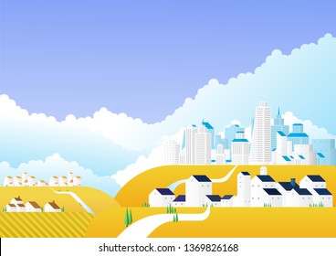 the big city, small village and farm are. with huge town in nature cloud backgound.
vector flat style illustartion.