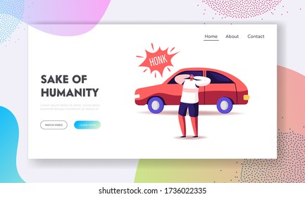 Big City Social Problem of Uproar Landing Page Template. Male Character Cover Ears to Stop Hearing Car Honk, Loud Sounds and Tinnitus. Man Suffer of Noise Pollution. Cartoon People Vector Illustration