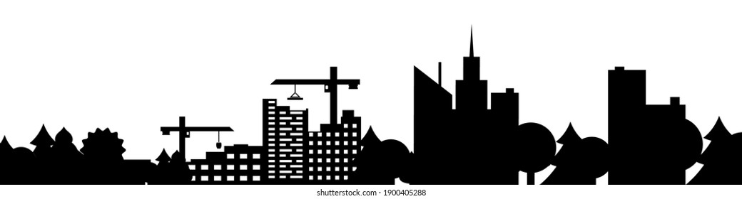 Big city and suburbs silhouette. Construction of residential buildings in the city. Construction cranes. Vector illustration.